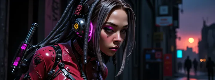 The image depicts a post-apocalyptic and artistic representation of a battle android with an intriguing blend of organic and mechanical elements. She has clearly seen battler, as both she and her armor is scraped and scratched and dirty and barely held tog...