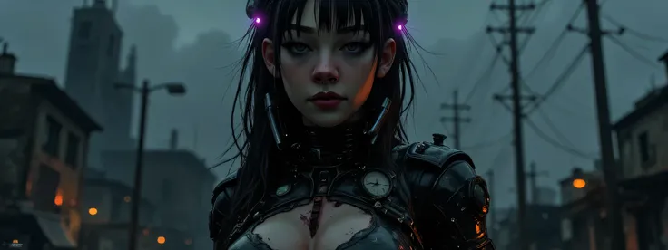 The image depicts a post-apocalyptic and artistic representation of a full body battle android with an intriguing blend of organic and mechanical elements. She is heavily battle damaged, her skin is grimy and bleeding, her armor dented and dirty, leaking h...