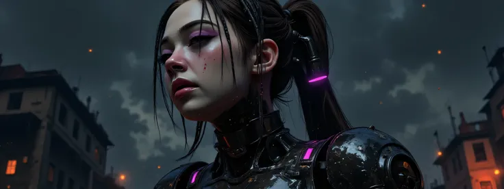 The image depicts a post-apocalyptic and artistic representation of a full body battle android with an intriguing blend of organic and mechanical elements. She is heavily battle damaged, her skin is grimy and bleeding, her armor dented and dirty, leaking h...
