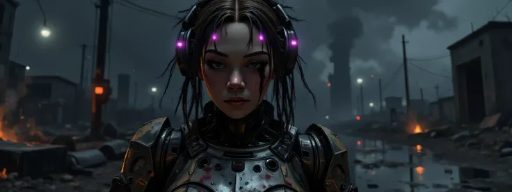 The image depicts a post-apocalyptic and artistic representation of a full body battle android with an intriguing blend of organic and mechanical elements. She is heavily battle damaged, her skin is grimy and bleeding, her armor dented and dirty, leaking h...