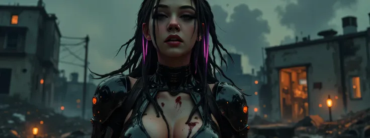 The image depicts a post-apocalyptic and artistic representation of a full body battle android with an intriguing blend of organic and mechanical elements. She is heavily battle damaged, her skin is grimy and bleeding, her armor dented and dirty, leaking h...