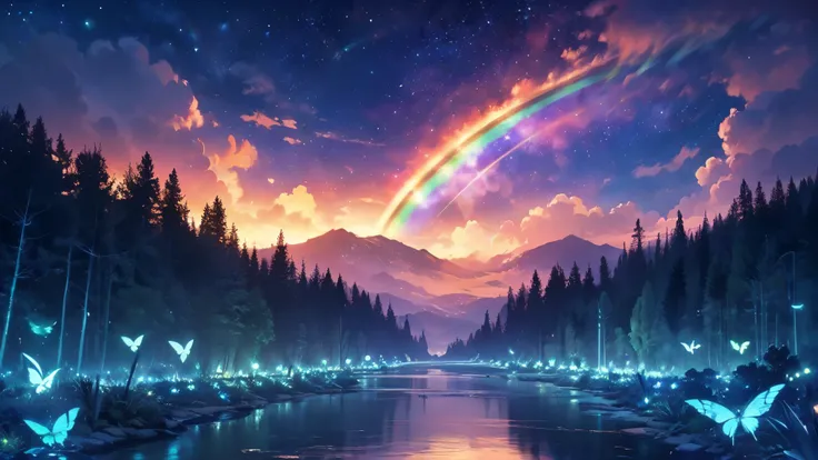 rainbow,超high image quality,high image quality,high quality of wavy lines,Enchanted Mysterious Forest , (Lots of neon colored butterflies),Majestic Atmosphere, Pure blue water river fountain, Golden Mini Fairy, (((emits fluorescent blue, lots of succinants...