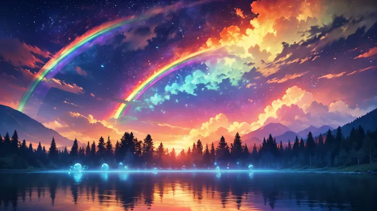 rainbow,超high image quality,high image quality,High quality DVD,Enchanting Mystical Forest , (Lots of neon colored butterflies々), Majestic Atmosphere , Clear Blue Water Fountains, Golden Mini Fairy, (((Fluorescent Blue, Lots of Amber Magically Beautiful Sc...