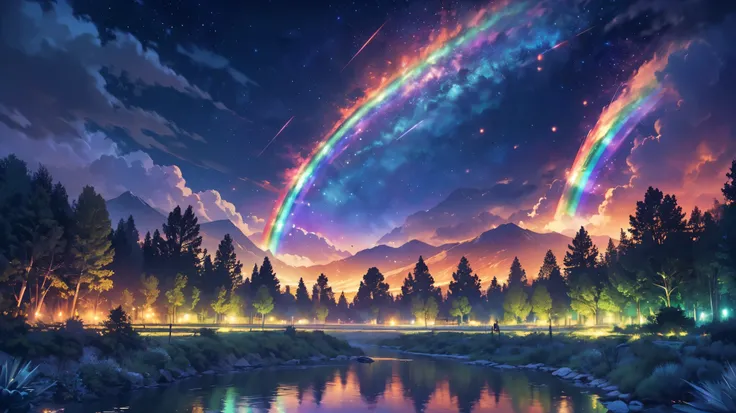 rainbow,超high image quality,high image quality,high quality of wavy lines,Enchanted Mysterious Forest , (Lots of neon colored butterflies),Majestic Atmosphere, Pure blue water river fountain, Golden Mini Fairy, (((emits fluorescent blue, lots of succinants...