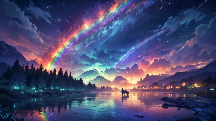 rainbow,超high image quality,high image quality,high quality of wavy lines,Enchanted Mysterious Forest , (Lots of Neon Colored Butterflies),Majestic Atmosphere, Pure blue water river fountain, Golden Mini Fairy, (((emits fluorescent blue, lots of succinants...