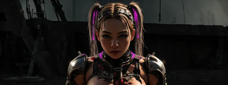 The image depicts a post-apocalyptic and artistic representation of a full body battle android with an intriguing blend of organic and mechanical elements. She is heavily battle damaged, her skin is grimy and bleeding, her armor dented and dirty, leaking h...