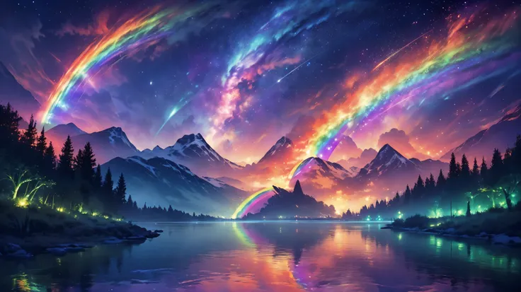 rainbow,超high image quality,high image quality,high quality of wavy lines,Enchanted Mysterious Forest , (Lots of Neon Colored Butterflies),Majestic Atmosphere, Pure blue water river fountain, Golden Mini Fairy, (((emits fluorescent blue, lots of succinants...