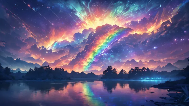 rainbow,超high image quality,high image quality,high quality of wavy lines,Enchanted Mysterious Forest , (Lots of Neon Colored Butterflies),Majestic Atmosphere, Pure blue water river fountain, Golden Mini Fairy, (((emits fluorescent blue, lots of succinants...