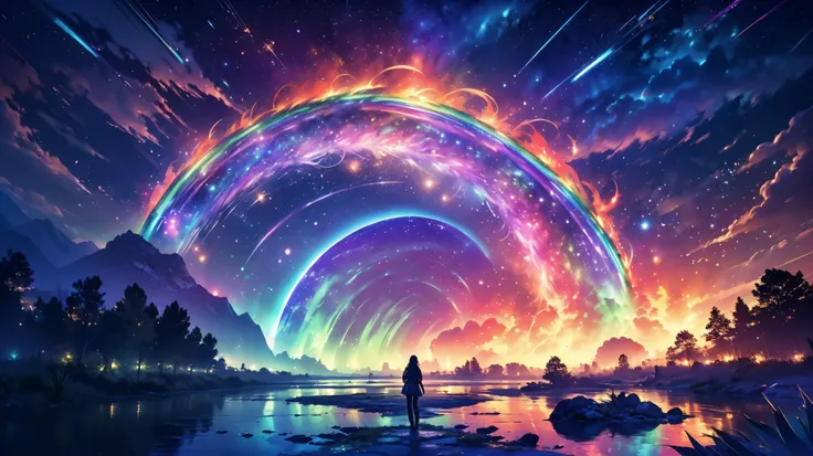 rainbow,超high image quality,high image quality,high quality of wavy lines,Enchanted Mysterious Forest , (Lots of Neon Colored Butterflies),Majestic Atmosphere, Pure blue water river fountain, Golden Mini Fairy, (((emits fluorescent blue, lots of succinants...