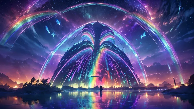 rainbow,超high image quality,high image quality,high quality of wavy lines,Enchanted Mysterious Forest , (Lots of Neon Colored Butterflies),Majestic Atmosphere, Pure blue water river fountain, Golden Mini Fairy, (((emits fluorescent blue, lots of succinants...