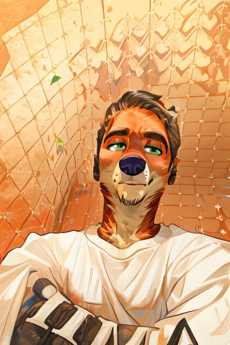 ((Best Quality)), ((masterpiece)), ( details), completely complete, wearing khaki pants、showing his bare waist and naked belly button、indigo tie、green Hawaiian shirt with a crop top、Nick Wilde holding an abs 