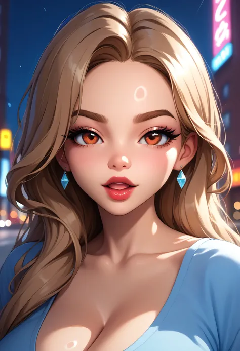 (black thick lines, perfect drawing), lightest brown hair, long hair, brown thin eyebrows, light brown eyes, black eyelashes, black eyeliners, nose, thick lips, red lips, open mouth, perfcet face, collarbone, cleavage, huge breasts, shirt, looking at viewe...