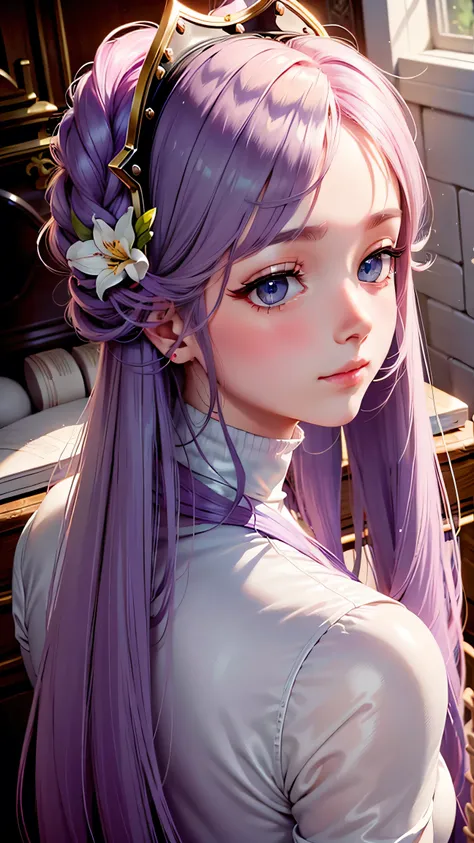 masterpiece, Best Quality, BEAUTIFUL DETAILED HAIR AND DETAILED FACE, Perfect Feminine Face at Lily Flower Farm, (happy:1.2), open your mouth, smile, (close-up portrait:1.2), Focus on Your FACE, Beautiful and cute Warframe woman with glowing purple hair,  ...