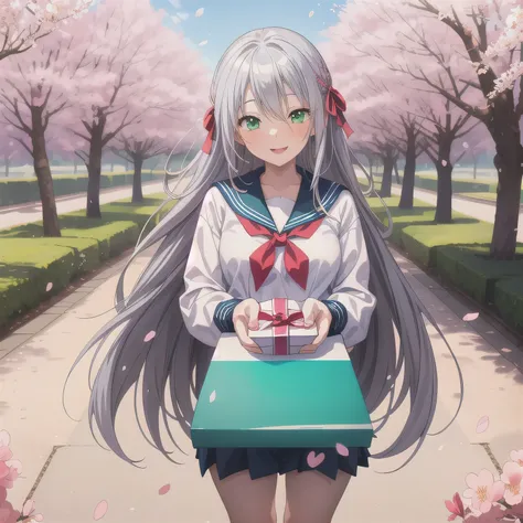 A breathtakingly beautiful 20-year-old woman stands in a lush park filled with cherry blossoms in full bloom beneath a clear blue sky. She wears a classic sailor uniform and gently holds a small, neatly wrapped gift box adorned with a red ribbon. Her radia...