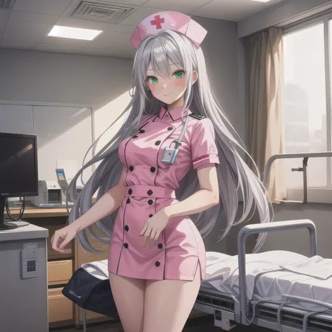A breathtakingly beautiful 20-year-old woman stands in a warmly lit hospital room, dressed in a white mini-skirt nurse uniform with a matching cap. Her shy smile adds a touch of charm, while the surrounding medical equipment and furnishings create an authe...