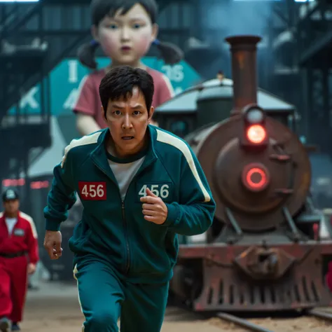 "Seong Gi-hun (Player 456) is sprinting for his life, terror in his eyes, sweat and dirt on his face, wearing a worn-out green tracksuit (Badge: 456). Behind him, a rusted, blood-stained train barrels toward him at full speed, its red headlights glowing om...