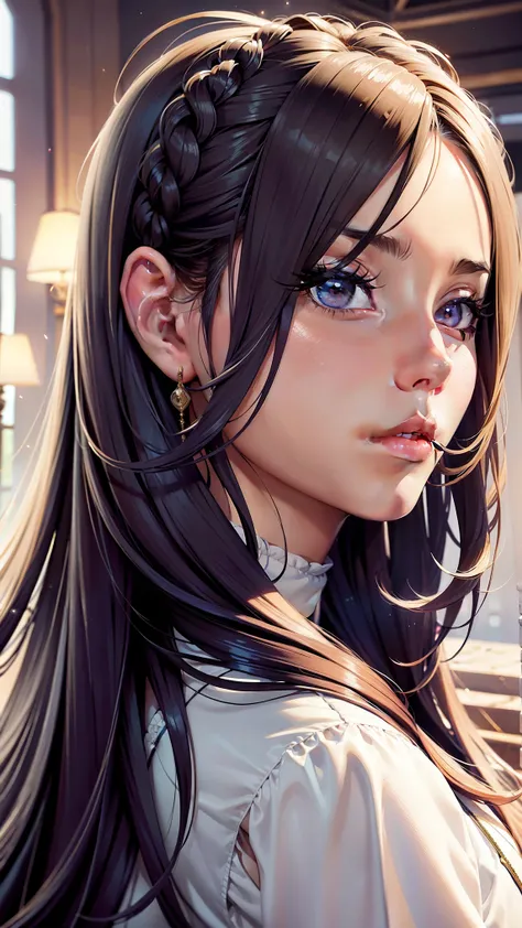 masterpiece, best quality, BEAUTIFUL DETAILED HAIR AND DETAILED FACE, Perfect Feminine Face at Lily Flower Farm, (happy:1.2), open your mouth, smile, (close-up portrait:1.2), Focus on Your FACE, Beautiful and cute Warframe woman with glowing purple hair,  ...