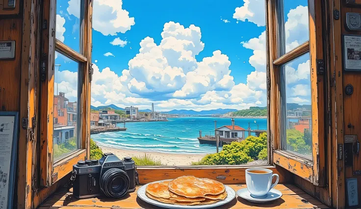 Views from an Open Window, old, Peeled Wood Window Frames,A plate with pancakes on it,  vintage camera , pictures, A cup of tea, clear blue sky,Creamy Clouds, sunny day, Picturesque Views of the Harbor, beach , Stickers and pictures on the side of the wind...