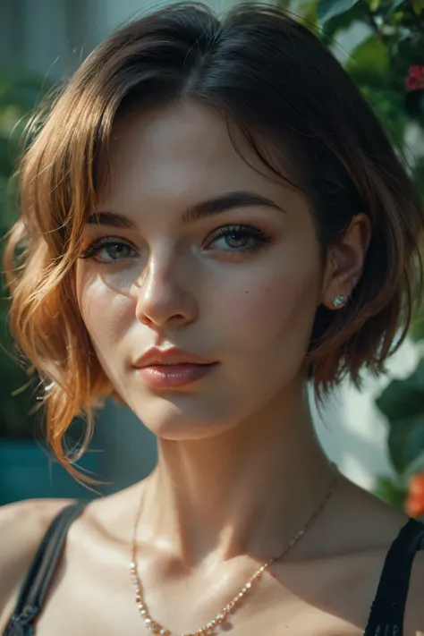 Head view of a beautiful short-haired woman, Which tilts her head, Focus Ohr, macro ohr, high detail