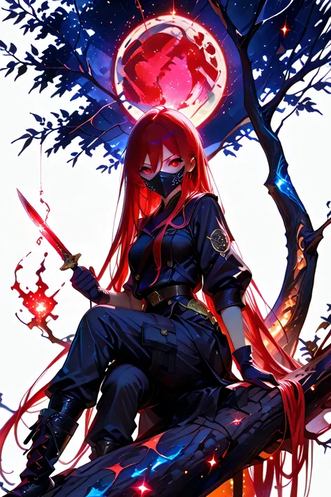 (masterpiece, best quality), amazing quality, very aesthetic, absurdres, newest, HDR, 8K, high detail RAW color art, gacha splash art, 1girl, Shana Ryu, red eyes, red hair, very long hair, medium breasts, curvy, beautiful, cool, sexy, black jacket, gloves,...