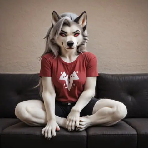 (masterpiece)), ((solo portrait)), ((detailed fur)), ((raytracing)), ((detailed shading)), ((beautiful render art)), Loona, furry female, (bedroom eyes, smug smirk), red tee shirt, black lounge shorts}, (sitting on couch, attractive, animal feet; (wolf paw...