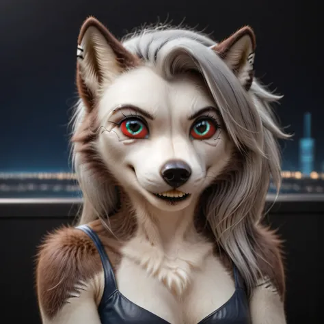 (cyberpunk style:1.2), (cute), (anthro furry:1), Loona, furry female, pose, grin BREAK cityscape, masterpiece, best quality, subsurface scattering, absurd res, soft lighting, countershading, detailed background, in the style of [Ashley Wood|Alex Maleew]