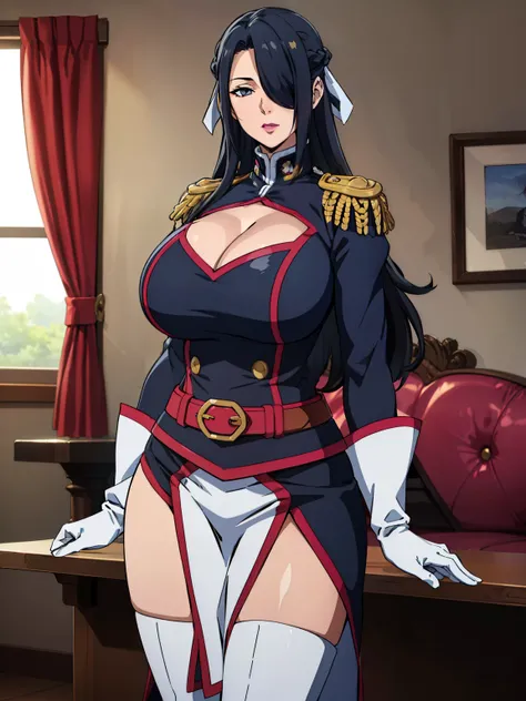 standing, livingroom background, AzumaFubuki, anime cels style, best quality, high resolution, 1girl, (huge breasts:1.2), beautiful face, long hair, hair over one eye, black hair, hair ribbon, military uniform, cleavage cutout, epaulettes, white gloves, pe...