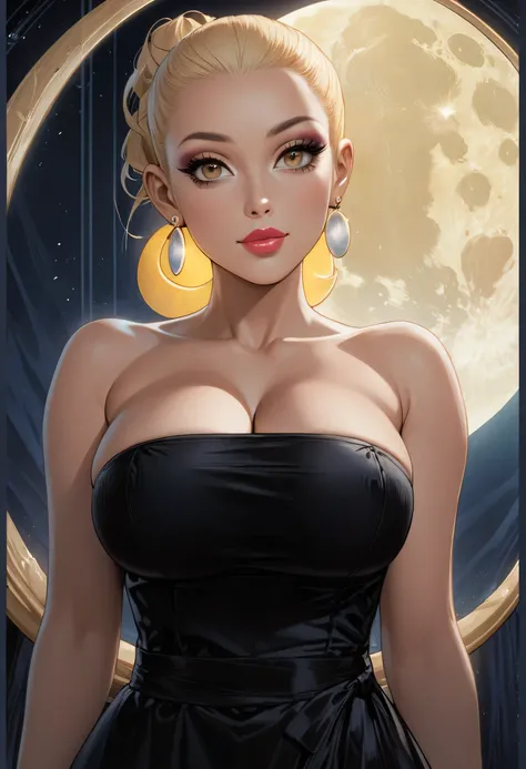 moon, 1girl, full moon, solo, strapless, strapless dress, dress, sun, crescent moon, blonde hair, slick back hair, (forehead), bare shoulders, earrings, black dress, lips, makeup, looking at viewer, circle, (huge breasts)