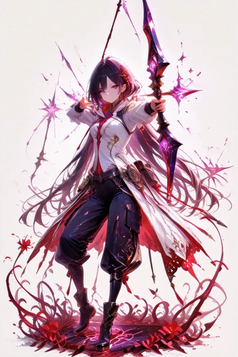 (masterpiece, best quality), amazing quality, very aesthetic, absurdres, newest, HDR, 8K, high detail RAW color art, gacha splash art, 1girl, purple eyes, multicolored eyes, black hair with pruple streaks, very long hair, medium breasts, long sleeves, blac...