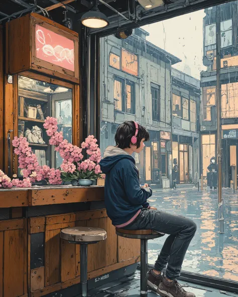 A cozy café with a wooden facade and large glass windows reflecting the wet urban street outside. A young person sits on a wooden stool at the counter, facing away, wearing a navy blue hoodie with a white hood and casual gray jeans. They have short dark ha...