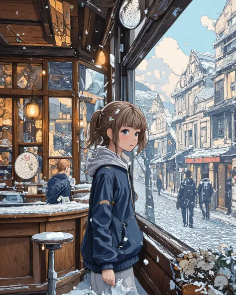 A charming café with a rustic wooden design and large glass windows overlooking a snowy city street. A young person sits at the counter, sipping a warm drink, wrapped in a navy blue hoodie with a soft white hood. Outside, snowflakes drift down, covering th...