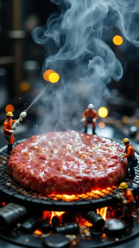 micro industrial barbecue documentary,Ultra-clear 8K details:The surface of the giant patty has burnt marks and oil splashes,A team of miniature workers wearing orange high temperature protective clothing in yellow safety helmets,Handheld thermometer/spray...