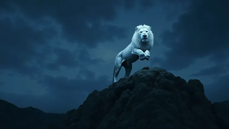 a mighty white lion, majestic and solitary, standing atop a lonely mountain peak at night, 4k, ultra-detailed, photorealistic, dramatic lighting, moody atmosphere, cinematic composition, epic fantasy