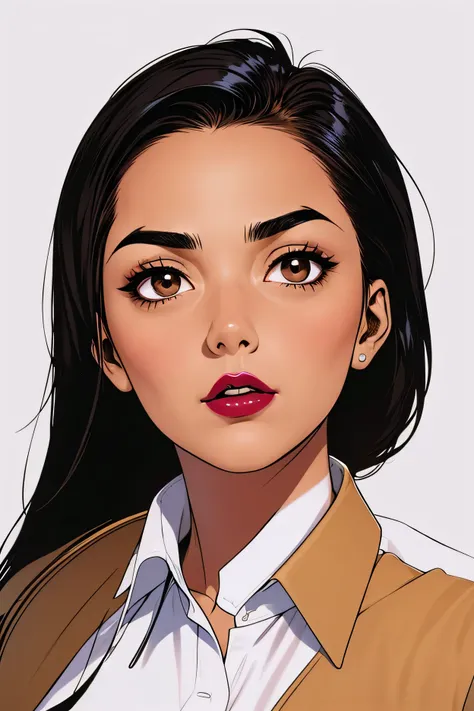 simple background, perfect face, slick back hair, black straight hair, thin eyebrows, black eyebrows, big eyes, brown eyes, thick lipstick, beautiful woman, white shirt collar johnny