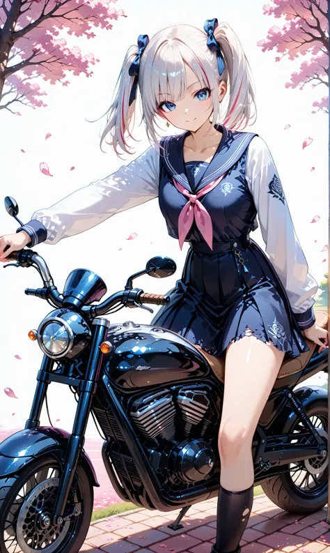 (Watercolor:0.4), (pastel:0.6), Female Saiyan, 1 girl, Alone, captured from a lateral angle, riding a sleek Harley-Davidson down a cherry blossom avenue, its matte black finish and chrome accents humming with power as her hands firmly grasp the handlebars,...