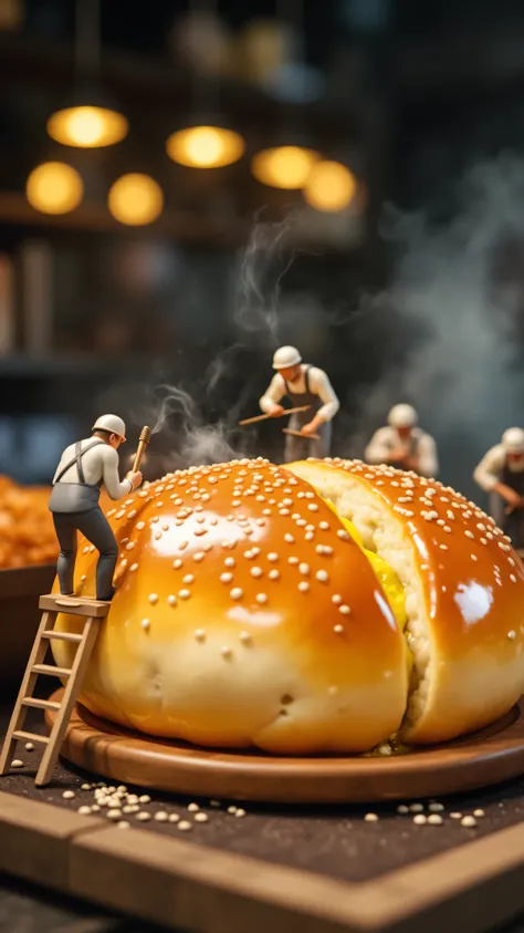 Microscopic bakery realism, 8K ultra-detailed: Giant sesame-studded dough dominates frame, miniature bakers on telescopic ladders applying liquid butter with bristle brushes, glossy oil films between sesame seeds, floating flour particles in steam, warm li...