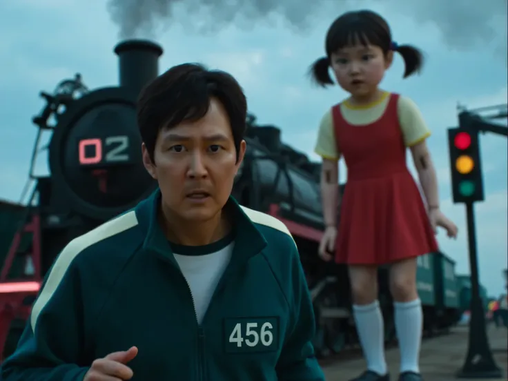 A highly intense, cinematic scene featuring Seong Gi-hun running for his life with a terrified expression. He is wearing a green jacket with the number ‘456’ badge on his left chest. Behind him, a large, menacing train is speeding towards him, as if chasin...