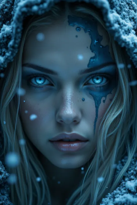 A half extreme close-up photo, {stunning blondewoman} dominates the frame, the features illuminated by a cold, blue light that gives the skin an icy hue. Snowflakes gently fall around, adding to the wintry dark atmosphere. The eyes are strikingly blue ice ...