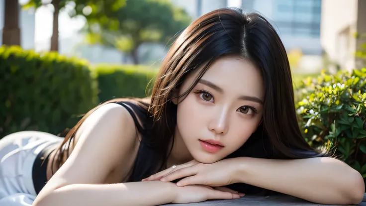 Very realistic, cinematic, realistic, high resolution, 1 woman, Korean beauty, waist down long straight hair, big eyes, white jade skin, small lips, small face, huge chest, healthy and sexy body, fluid, anatomically accurate, perfect detail, rainbow. Backg...