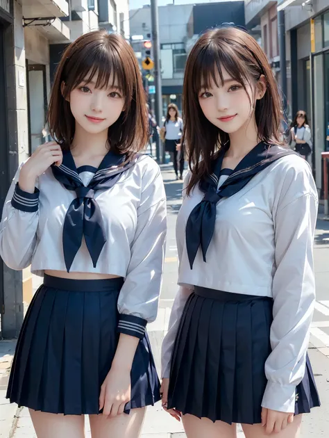 ((two girls:1.5, Two girls standing side by side)), ((sailor suit, long sleeve, navy mini skirt)), (((The girl on the left has large breasts, The girl on the right has very small breasts:1.5, The girl on the left has short hair, The girl on the right has l...