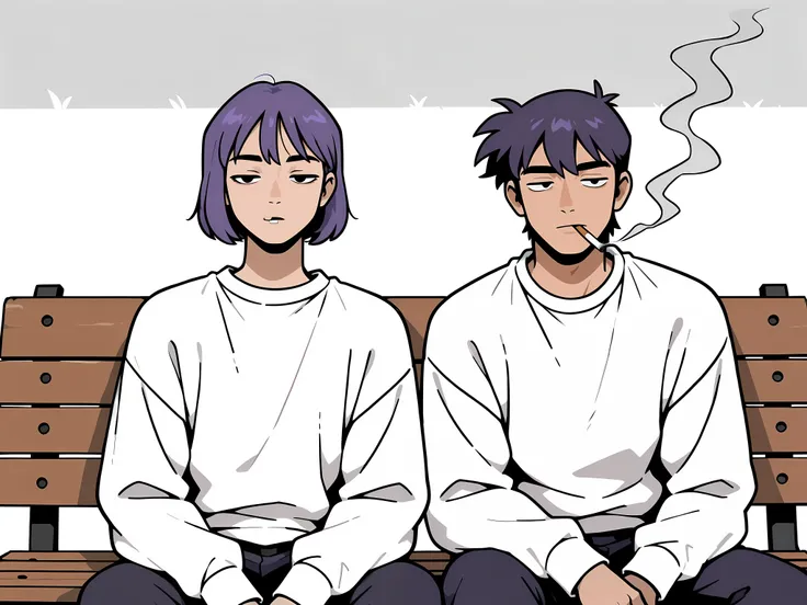 male anime, one on the left, with purple hair, short haircut, white sweatshirt, cigarette, clear line , sits on a bench, an empty glance