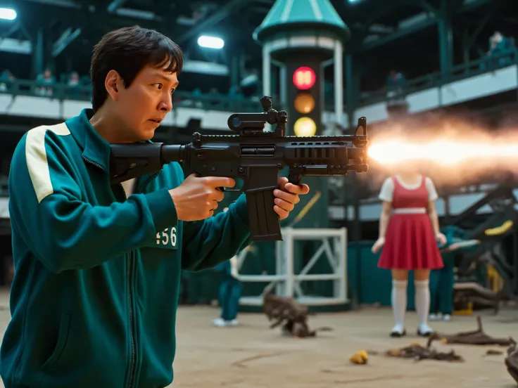 Seong Gi-hun stands inside an enormous Squid Game challenge arena, gripping a massive M134 Minigun with both hands as its barrels spin rapidly, unleashing a storm of bullets. His face is drenched in sweat, eyes locked in fierce determination, mouth slightl...