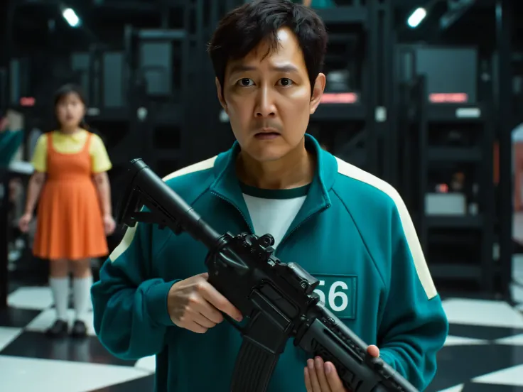 Create an ultra-realistic, cinematic image of Seong Gi-hun from Squid Game. He is wearing his iconic green tracksuit with the number '456' badge on the right side of his chest. Gi-hun stands on a massive black-and-white chessboard with large reflective til...