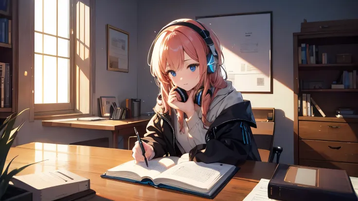 studying at her desk、headphones,peace,fantasy,4K,8k,high resolution,masterpiece,