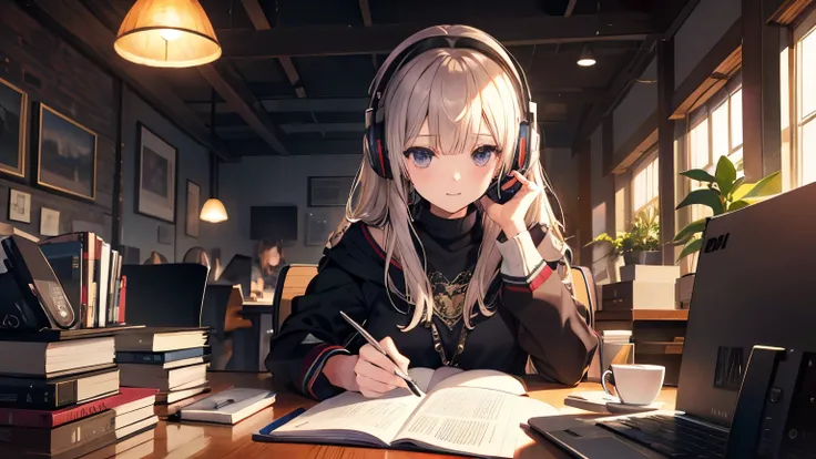 studying at her desk、headphones,peace,fantasy,4K,8k,high resolution,masterpiece,