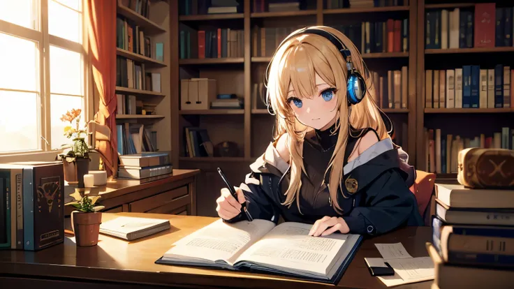 studying at her desk、headphones,peace,fantasy,4K,8k,high resolution,masterpiece,Bookshelf