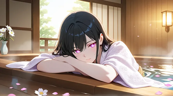 Masterpiece, Best Quality, Top Quality, Very Detailed, 1 girl, A serene young woman with long black hair and glowing pale eyes, soaking in a luxurious floral bath. She wears a delicate white silk robe that flows with the water. Soft pink and white flower p...