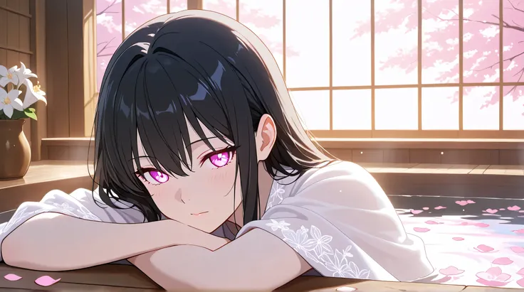 Masterpiece, Best Quality, Top Quality, Very Detailed, 1 girl, A serene young woman with long black hair and glowing pale eyes, soaking in a luxurious floral bath. She wears a delicate white silk robe that flows with the water. Soft pink and white flower p...