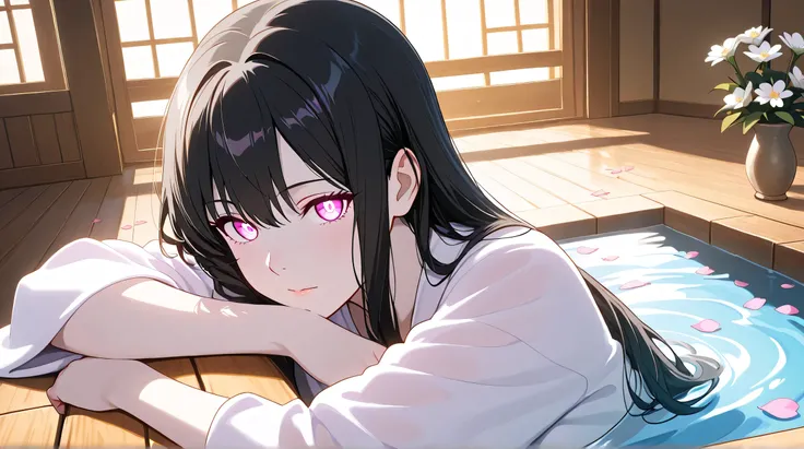 Masterpiece, Best Quality, Top Quality, Very Detailed, 1 girl, A serene young woman with long black hair and glowing pale eyes, soaking in a luxurious floral bath. She wears a delicate white silk robe that flows with the water. Soft pink and white flower p...