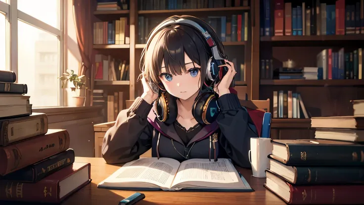 studying at her desk、headphones,peace,fantasy,4K,8k,high resolution,masterpiece,Bookshelf